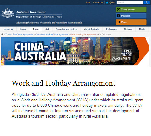 澳大利亚每年将向中国提供5000个打工度假签证名额